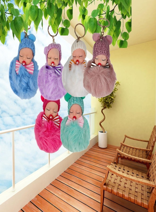 ZAFCO Mini Plush Pom Pom Doll Keychain - Cute Sleeping Baby Key Ring for Girls || Fluffy Bag Charm for Women, Girls, Backpack & Purse Accessories Multicolor Random- 2 Pieces (Mini Doll Keychain 3) - Image 5